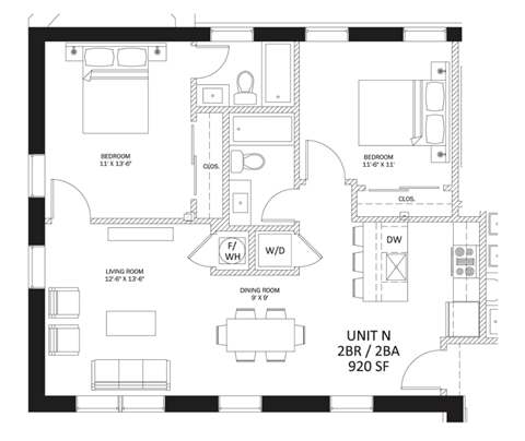 Floor plan for 2 beds, 2 baths